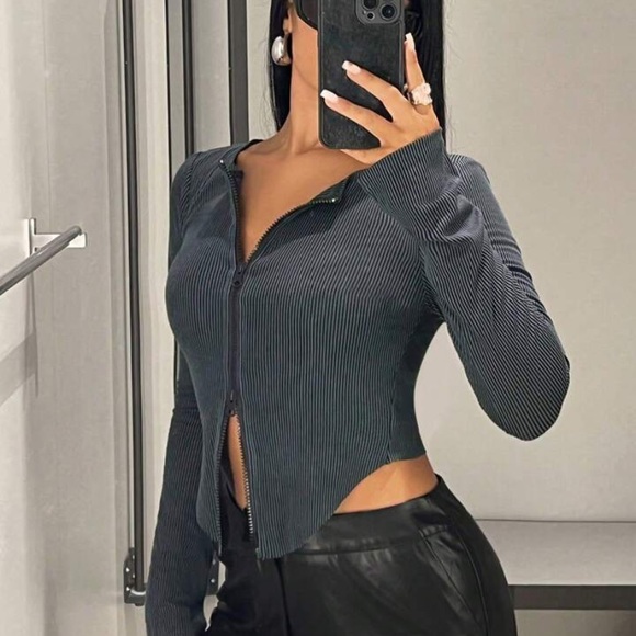 SHEIN Striped Double Zipper Long Sleeve Top - Picture 6 of 7